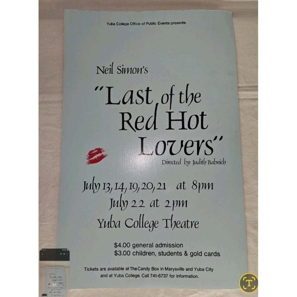 VNTG flyer for Neil Simon's play, Last of the Red Hot Lovers At Yuba College